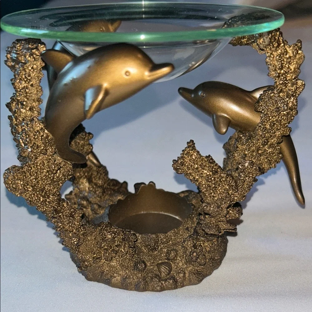 PartyLite Bronze 3 Dolphin Oil Wax Melt Scent Aroma Candle Holder (RETIRED)